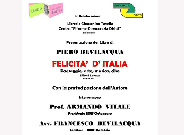 Lamezia: "La felicità d'Italia", presentazione libro di Piero Bevilacqua il 1 dicembre