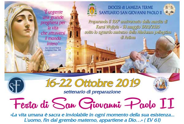 Lamezia, Madonna Pellegrina di Fatima al Santuario San Giovanni Paolo II per festa del 22 ottobre