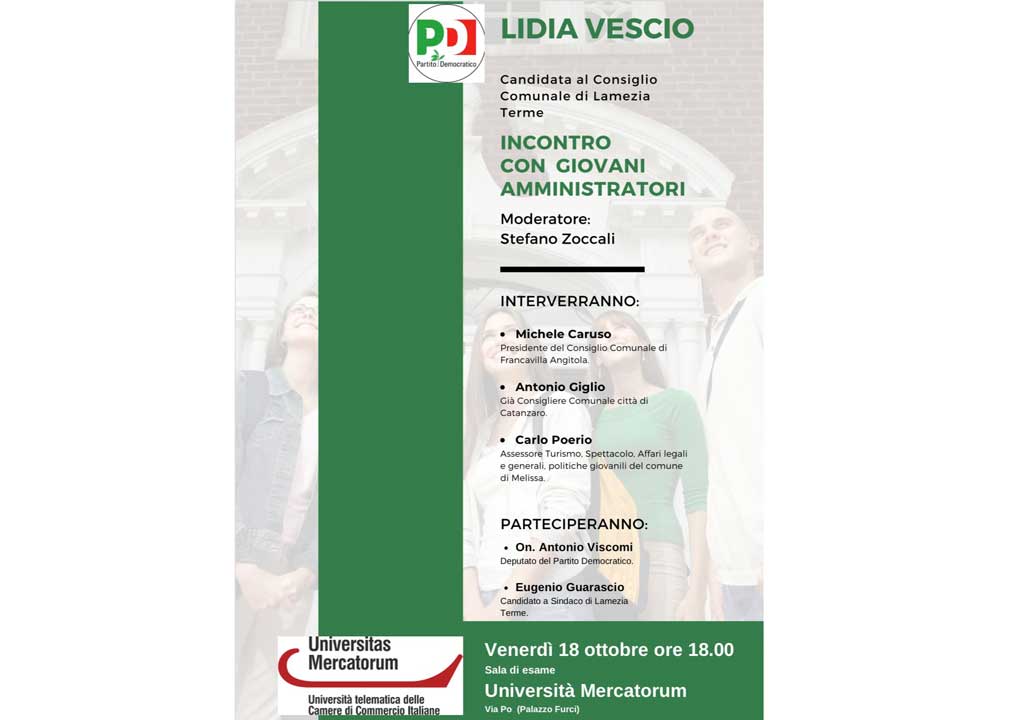 Lamezia, incontro giovani amministratori il 18 ottobre con candidata Pd al consiglio comunale Lidia Vescio