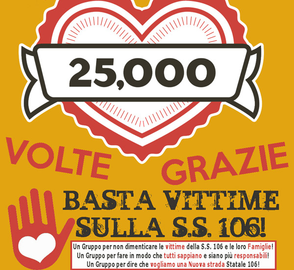 “Basta Vittime Sulla Ss 106” raggiunge 25mila adesioni su social network