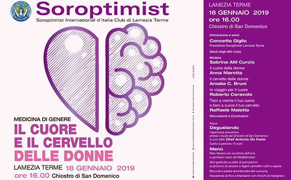 Lamezia, Soroptimist promuove incontro “Il cuore e il cervello delle donne”, il 18 gennaio al chiostro San Domenico