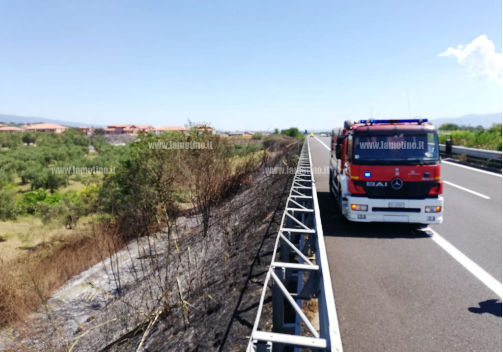 In fiamme arbusti e macchia mediterranea sull'A2 tra Lamezia e Falerna