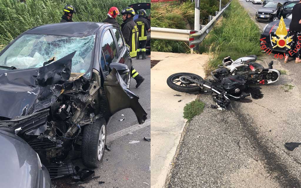 Scontro tra due auto e una moto su SS 106 a Simeri, feriti
