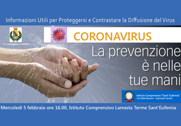 Lamezia, “Coronavirus. La prevenzione è nelle tue mani” all’istituto comprensivo Sant’Eufemia il 5 febbraio