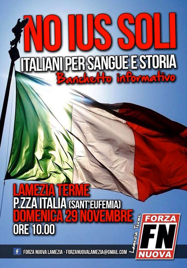 Lamezia: Forza Nuova, banchetto informativo "Ius Soli" il 29 novembre