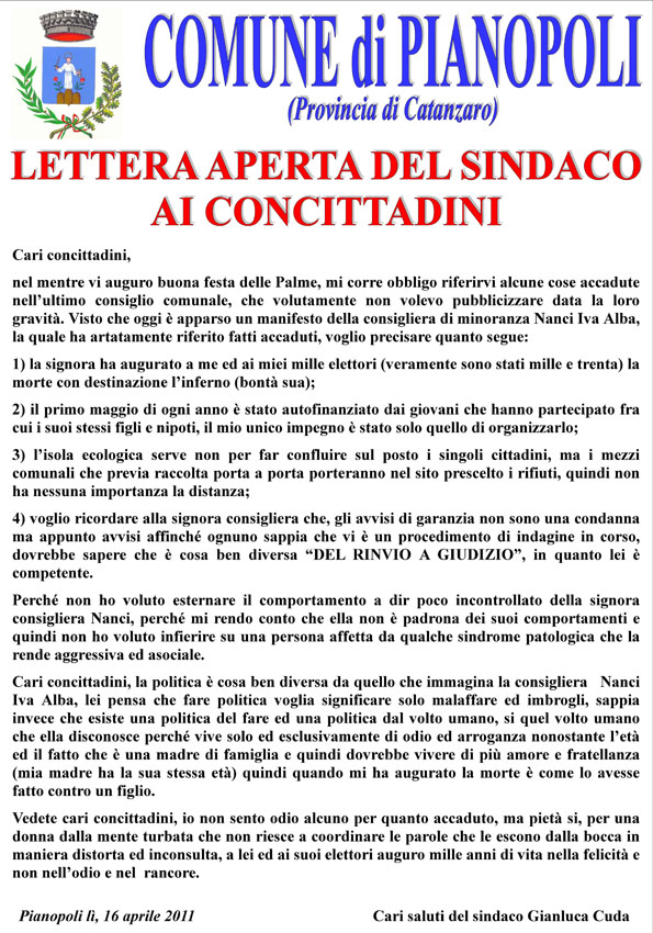 Pianopoli, "battaglia" politica a colpi di manifesti