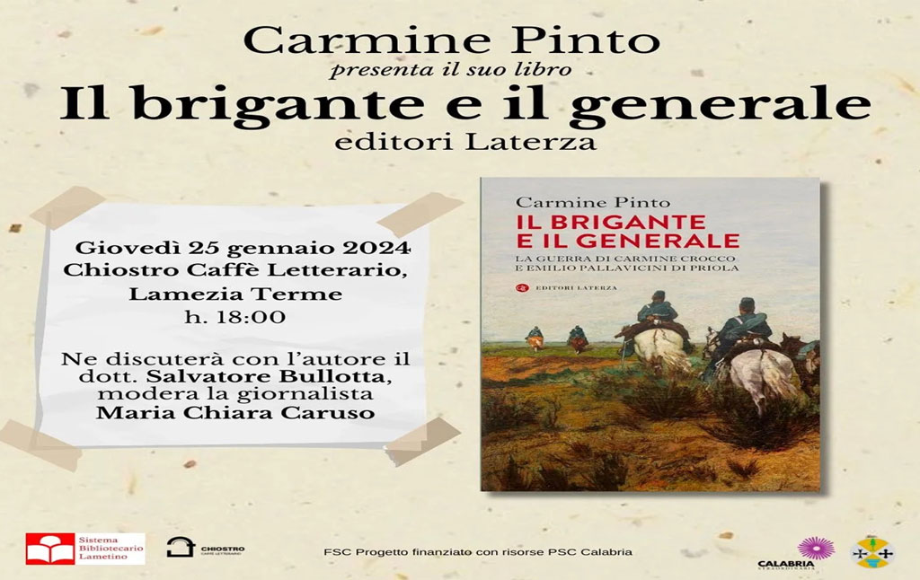 Lamezia, presentazione “Il brigante e il generale” di Carmine Pinto il 25 gennaio