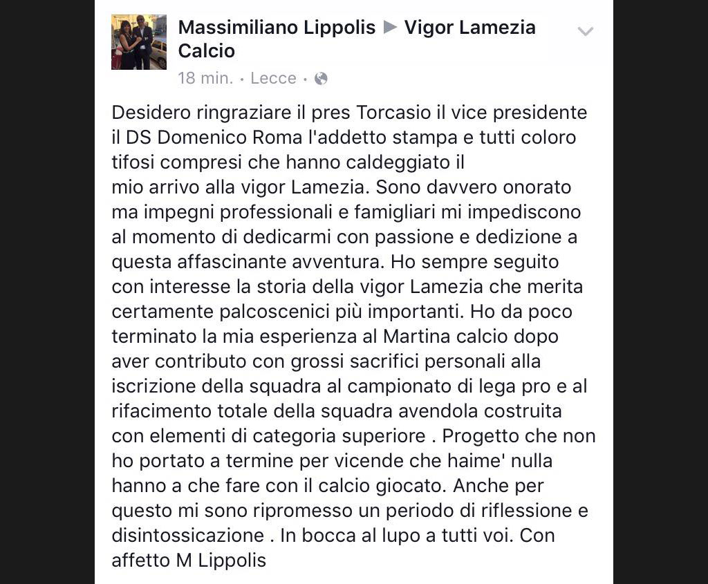 Vigor Lamezia, Lippolis si tira fuori