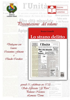 Presentazione libro "Lo strano delitto" di Bruno Gemelli l’11 febbraio a Palazzo Nicotera