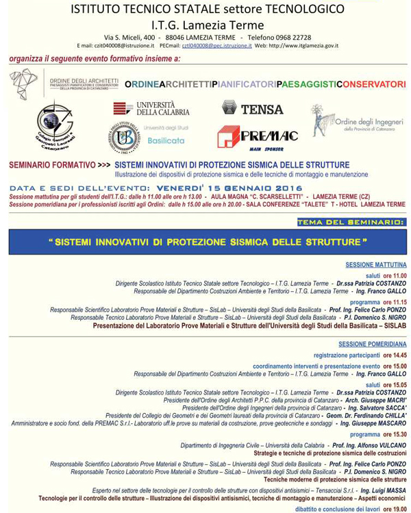 Lamezia, il 15 seminario ‘Sistemi innovativi di protezione sismica delle strutture’ all’Istituto tecnico statale