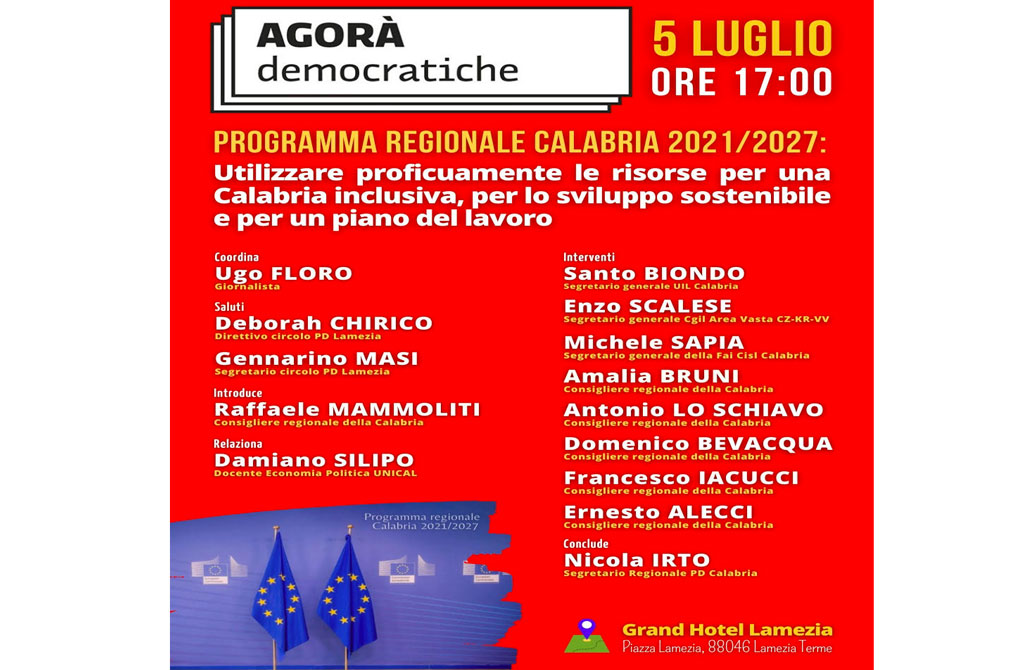 Agorà del Pd sul Por 2021-2027 il 5 luglio a Lamezia