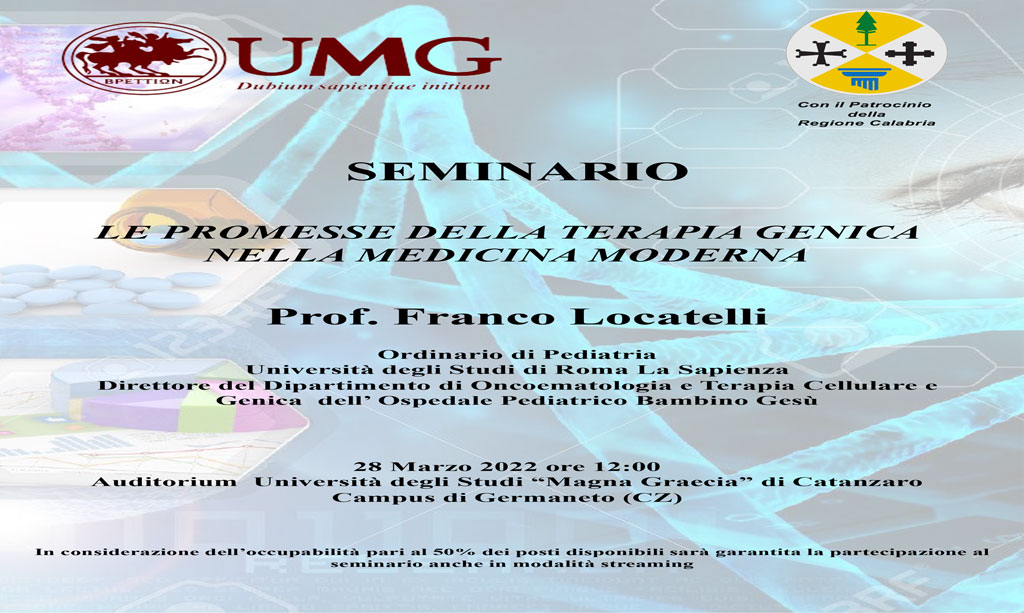"Le promesse della terapia genica nella medicina moderna": seminario del professore Locatelli all'Università di Catanzaro
