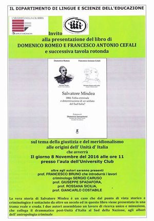 Presentazione libro su Salvatore Misdea l'8 novembre all’Unical