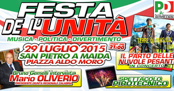 Festa de l’Unità, Oliverio e Il parto delle Nuvole Pesanti a San Pietro a Maida il 29 luglio