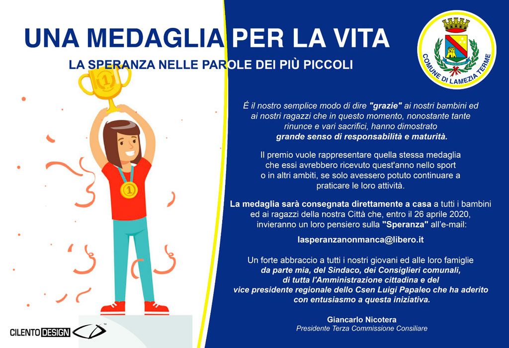Lamezia, una medaglia per bambini e ragazzi della città: l'iniziativa del presidente della Terza Commissione Consiliare
