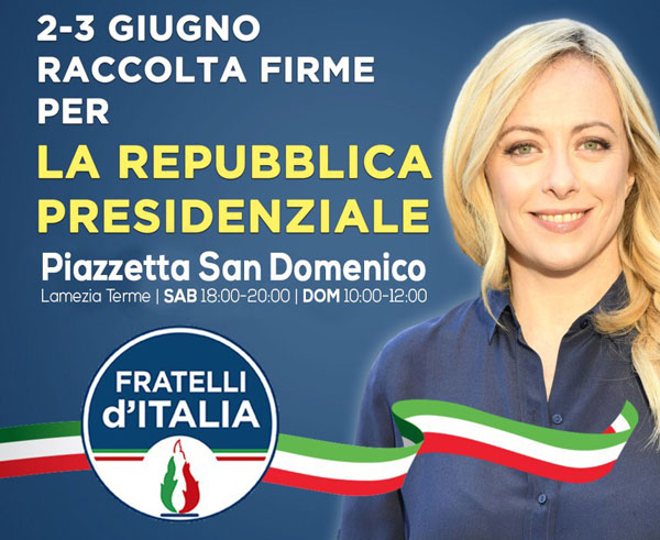 Lamezia, Fratelli d'Italia lancia raccolta firme per il presidenzialismo