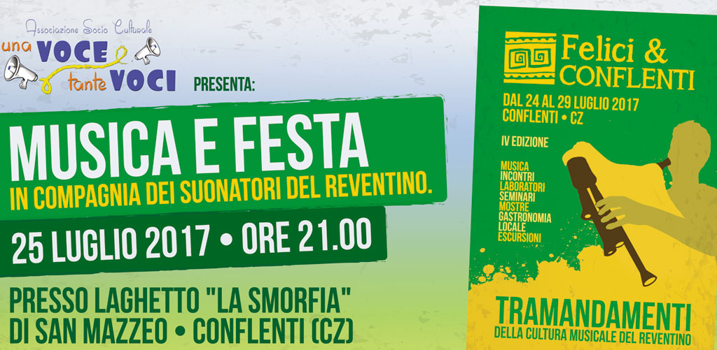 "Felici&Conflenti" e "Una Voce Tante voci" organizzano evento con suonatori del Reventino il 25 luglio a San Mazzeo