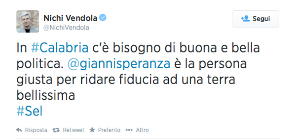 Vendola lancia via Twitter candidatura Speranza a guida Regione Calabria