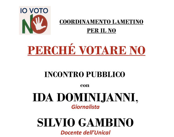 Comitato lametino per il No al Referendum: il 14 novembre incontro con Dominijanni e Gambino