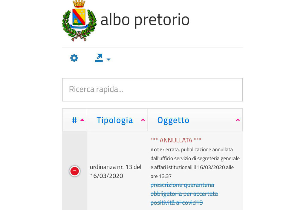 Coronavirus, l'ordinanza del Comune sul primo caso a Lamezia annullata e poi ripubblicata con omissis