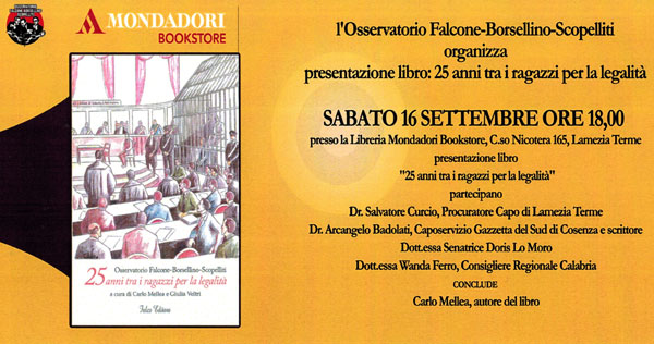 Lamezia, il 16 settembre presentazione libro "25 anni tra i ragazzi per la legalità"