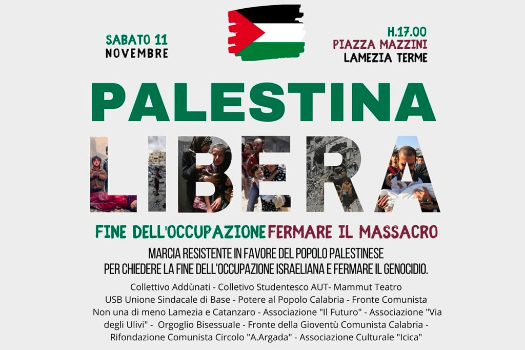 Lamezia, marcia “Palestina Libera” per chiedere fine occupazione israeliana l’11 novembre in Piazza Mazzini