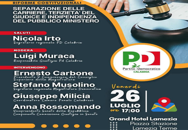 Lamezia, dibattito Pd su "Separazione delle carriere" il 26 luglio