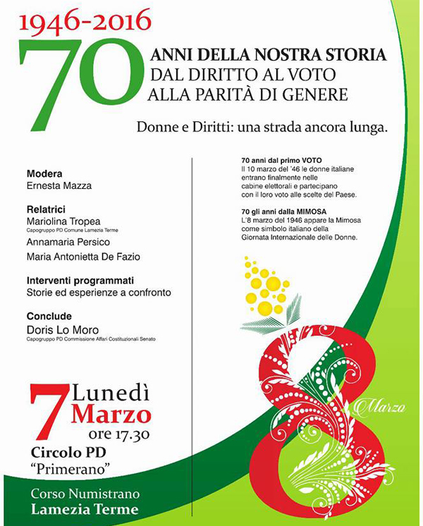 Lamezia, “Donne e Diritti” incontro il 7 marzo a Primerano