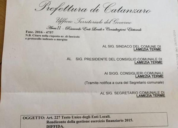 Lamezia: bilancio, consiglio comunale a rischio scioglimento. Prefettura diffida il Comune