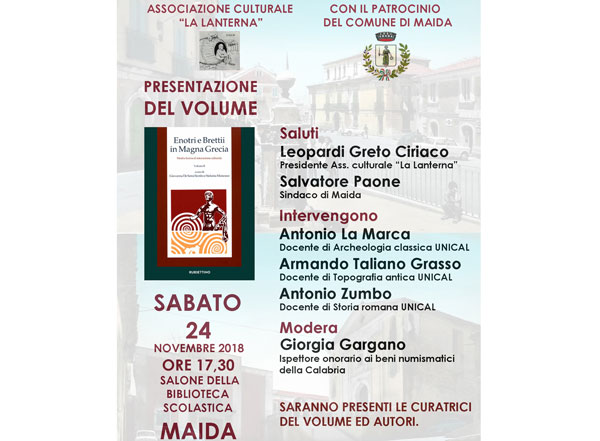 "Enotri e Brettii in Magna Grecia", la presentazione dell’opera sabato a Maida