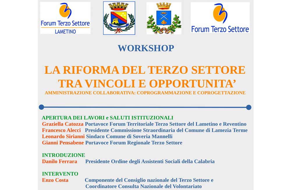 “Riforma del Terzo settore: vincoli e opportunità" con sindaci dell’hinterland lametino il 21 giugno