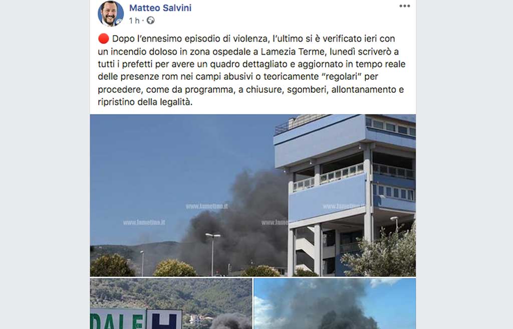 Salvini su fumi Scordovillo: "Si procederà a chiusure, sgomberi, allontanamento e ripristino legalità"