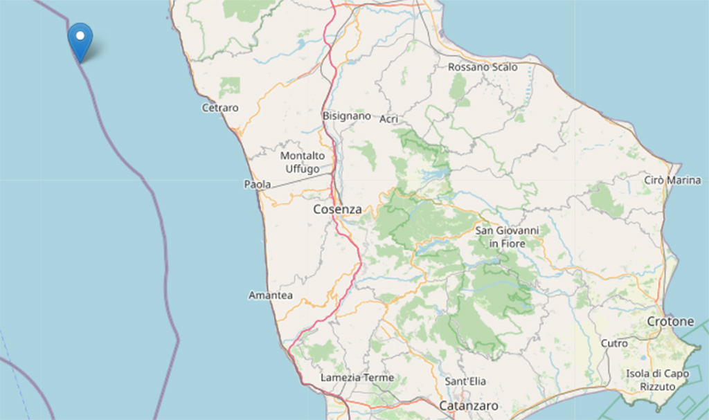 Scossa di magnitudo 2.7 al largo della costa calabra nord occidentale