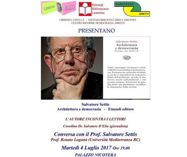 Lamezia, il 4 luglio presentazione libro "Architettura e Democrazia" di Salvatore Settis
