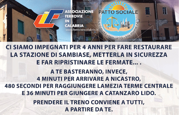 Associazione Ferrovie in Calabria e Patto Sociale su riapertura stazione Sambiase: “Fondamentale che cittadini sfruttino questo mezzo”