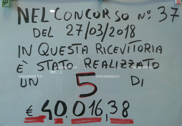 Lamezia, centrato un 5 da 40mila euro al Superenalotto