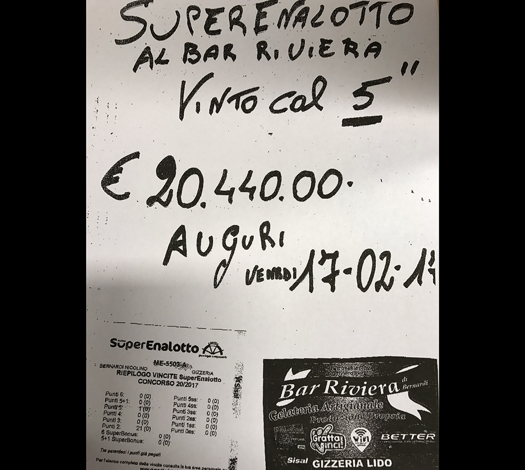 Superenalotto: quasi 21mila euro vinti con un 5 in un bar a Gizzeria Lido