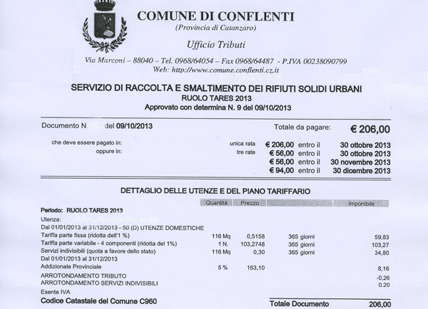 Calabria: Conflenti, Tares 2013 revocata per “ridefinizione tariffe” 
