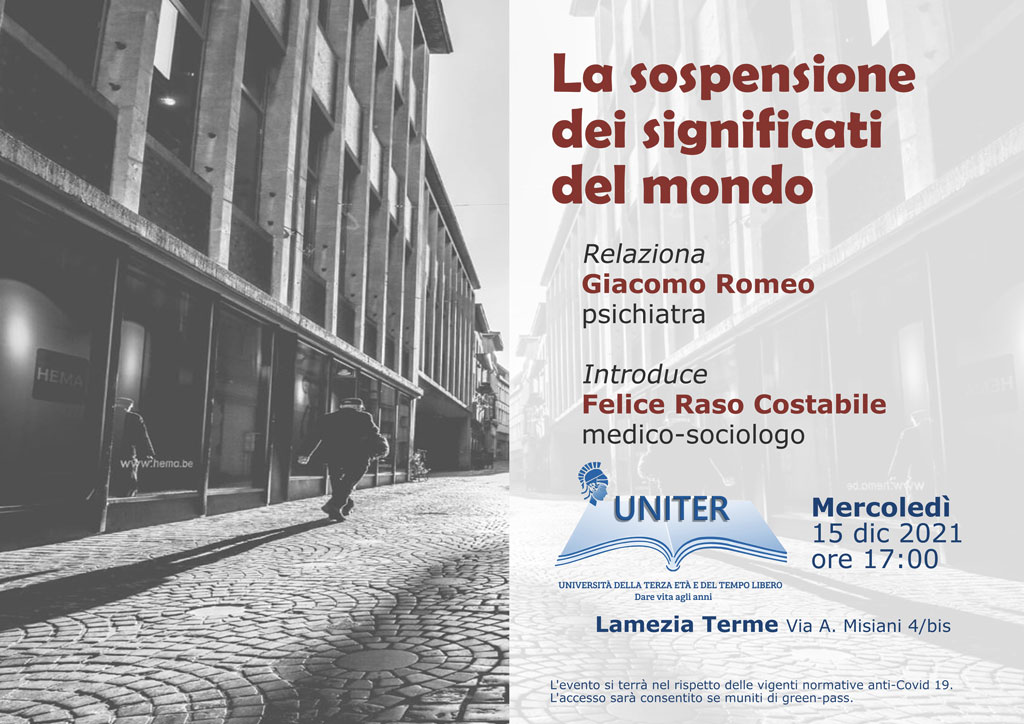Lamezia, incontro “La sospensione dei significati del mondo” all’Uniter con lo psichiatra Romeo