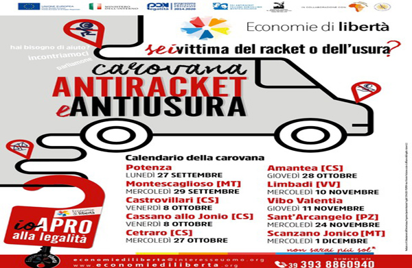 Parte il 27 settembre la "Carovana antiracket e antiusura" tra Basilicata e Calabria 