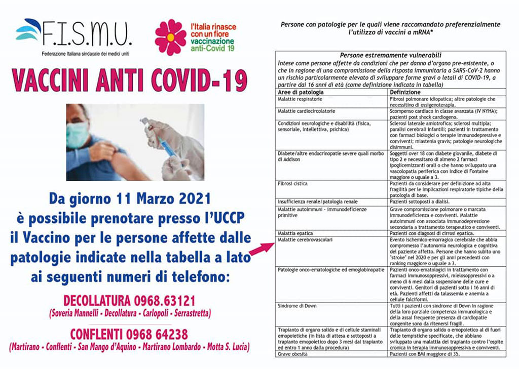Vaccinazioni anti Covid-19, nell'Uccp del Reventino da oggi al via prenotazioni per persone affette da patologie