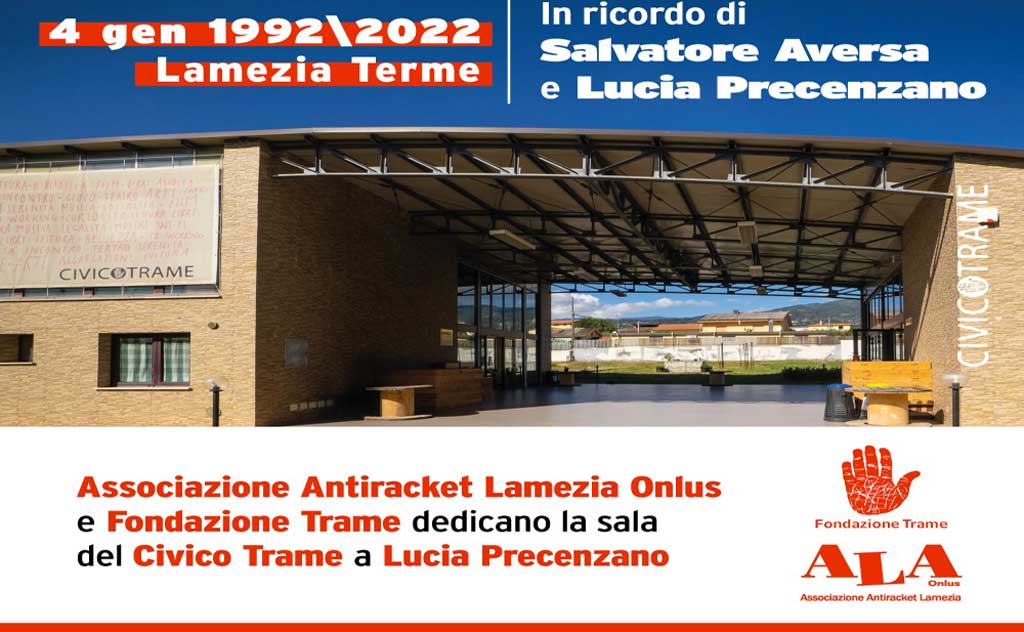 Lamezia, associazione Antiracket: omicidio coniugi Aversa, intitolata sala Civico Trame all'insegnante Lucia Precenzano