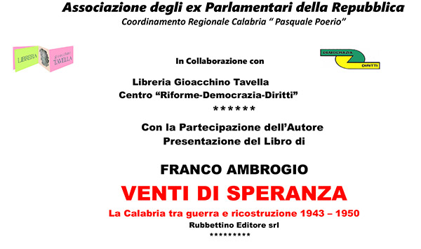 Lamezia, il 3 maggio la presentazione del libro di Franco Ambrogio "Venti di Speranza"