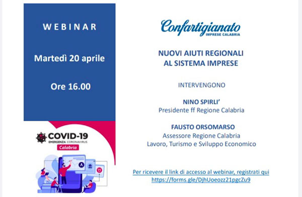 "Nuovi aiuti regionali e sostegno alle imprese", webinar Confartigianato Calabria con Spirlì e Orsomarso